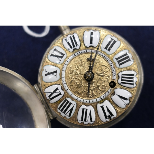 594 - Rare French verge repeater pocket watch, by Godron, Paris, circa 1690, pierced white metal case engr... 