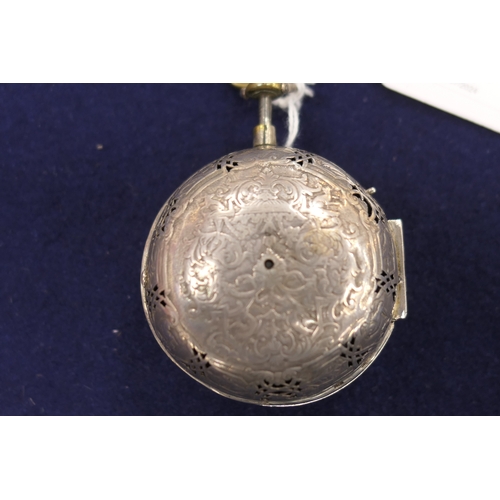 594 - Rare French verge repeater pocket watch, by Godron, Paris, circa 1690, pierced white metal case engr... 