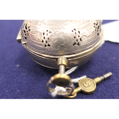 594 - Rare French verge repeater pocket watch, by Godron, Paris, circa 1690, pierced white metal case engr... 