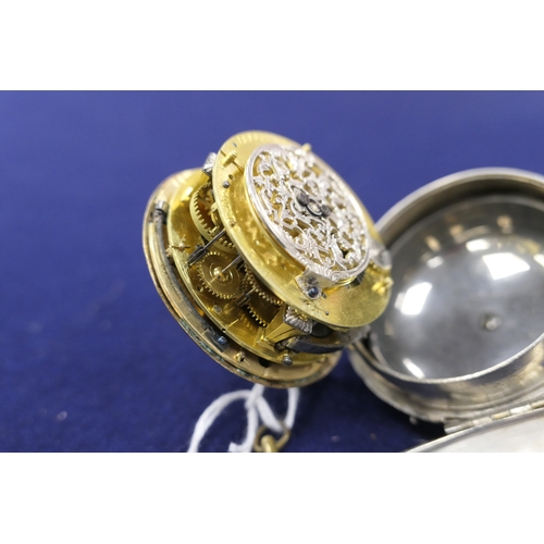 594 - Rare French verge repeater pocket watch, by Godron, Paris, circa 1690, pierced white metal case engr... 