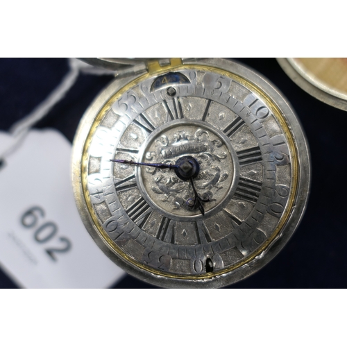 602 - David Lestourgeon, London, a silver verge pocket watch, circa 1700, French silver pair case, plain o... 