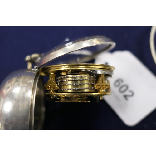 602 - David Lestourgeon, London, a silver verge pocket watch, circa 1700, French silver pair case, plain o... 