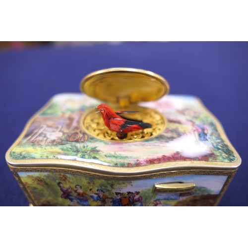 786 - German gold plated, white metal and enamelled singing bird box, in the manner of Karl Griesbaum, ear... 