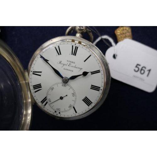 561 - Victorian silver open face pocket watch by Viner, Royal Exchange London, engine turned 58mm case hal... 