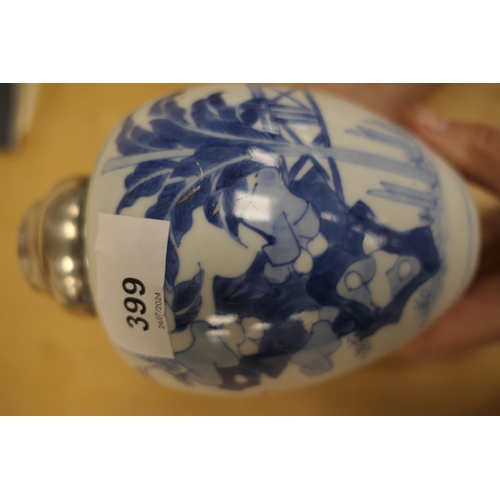 399 - Chinese blue and white caddy vase, Kangxi (1662-1722), ovoid form with later Dutch silver mounts, de... 