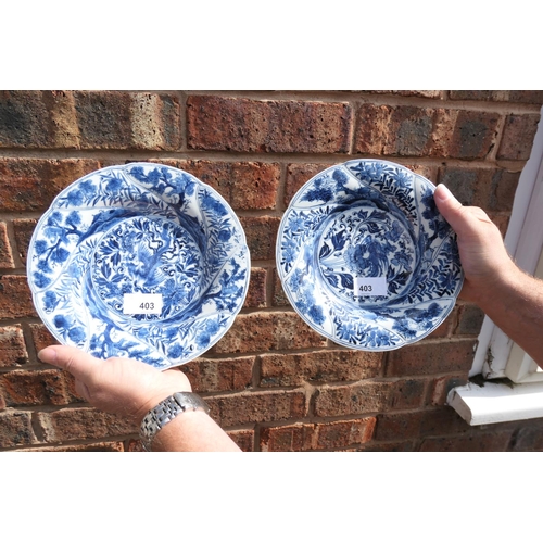 403 - Pair of Chinese blue and white dishes, Kangxi (1662-1722), wrythen moulded borders detailed with a m... 