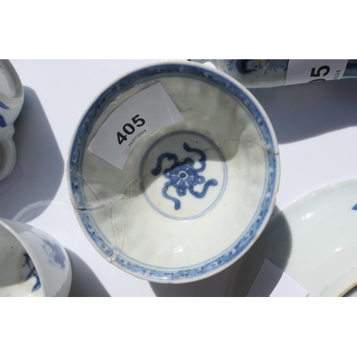 405 - Chinese blue and white saucer dish, Kangxi (1662-1722), decorated with a hunting party, 13.5cm, with... 