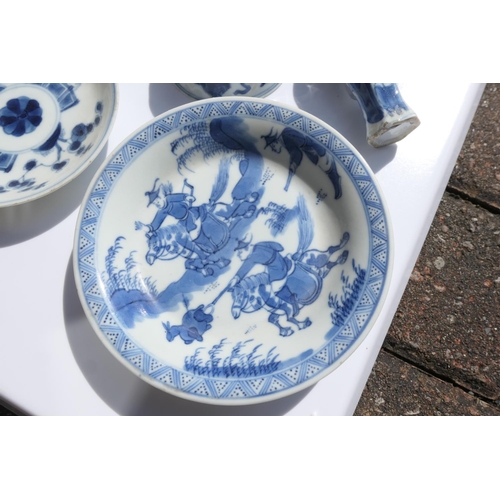 405 - Chinese blue and white saucer dish, Kangxi (1662-1722), decorated with a hunting party, 13.5cm, with... 