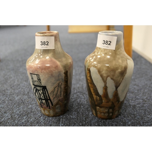 382 - Two Cobridge Stoneware vases inspired by The Potteries, decorated with bottleneck kilns and Sneyd Co... 