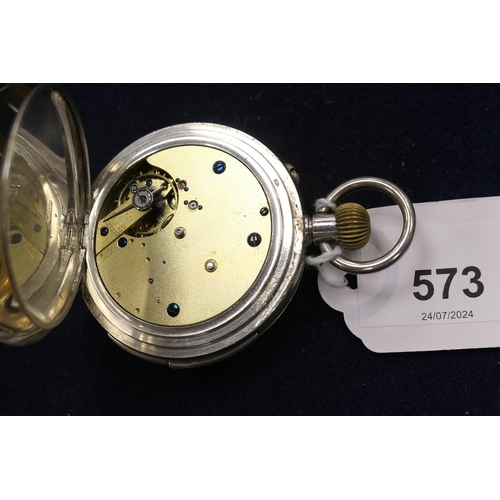 573 - Swiss silver repeating keyless hunter pocket watch, circa 1920-30, white enamelled dial with subsidi... 