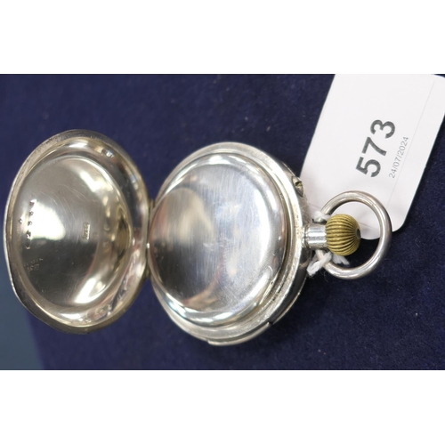 573 - Swiss silver repeating keyless hunter pocket watch, circa 1920-30, white enamelled dial with subsidi... 