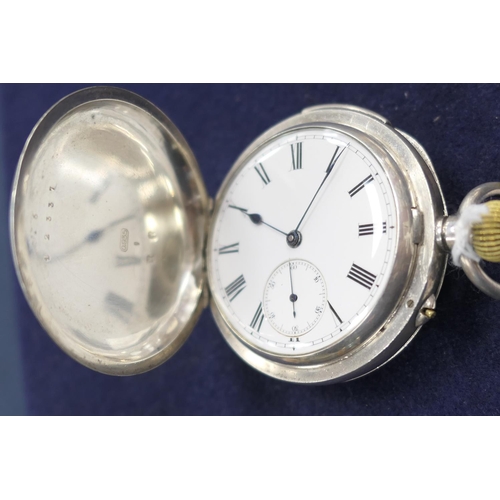 573 - Swiss silver repeating keyless hunter pocket watch, circa 1920-30, white enamelled dial with subsidi... 