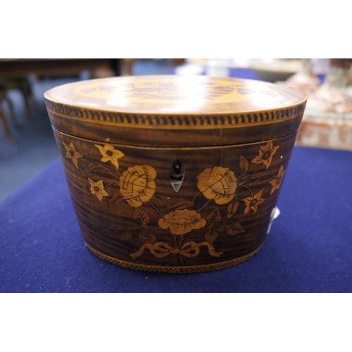 837 - George III satinwood and inlaid tea caddy, circa 1800, oval form inlaid with a floral bouquet in box... 