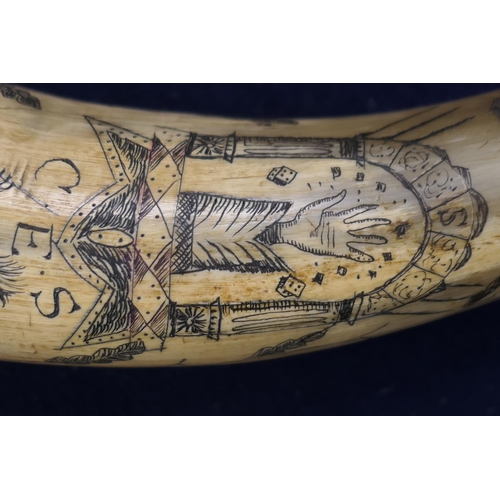 869 - Masonic interest: Ox horn powder flask, scrimshawed throughout with Masonic symbols, 35cm