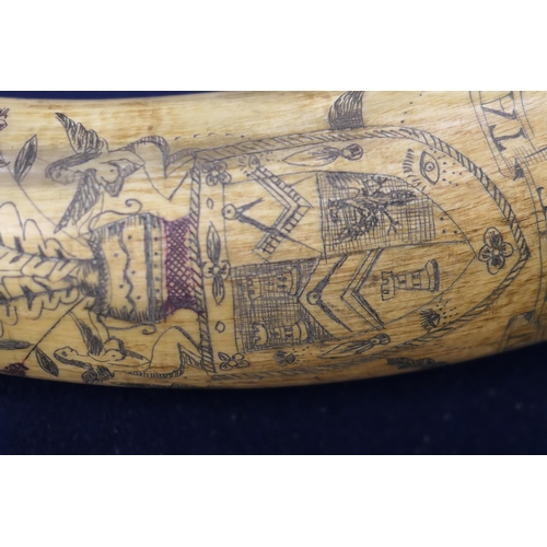 869 - Masonic interest: Ox horn powder flask, scrimshawed throughout with Masonic symbols, 35cm