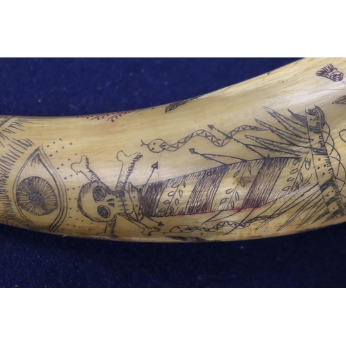 869 - Masonic interest: Ox horn powder flask, scrimshawed throughout with Masonic symbols, 35cm