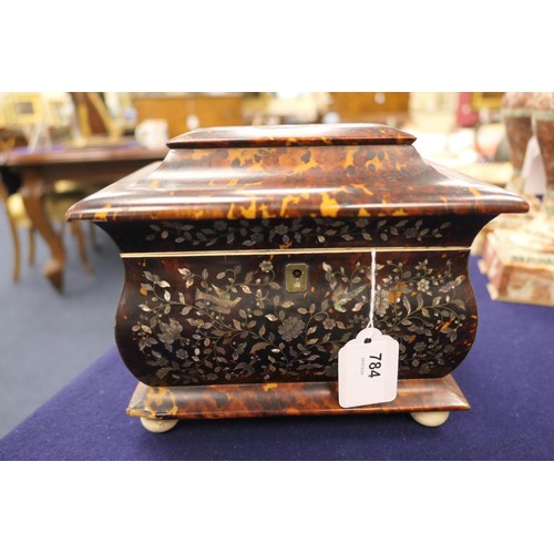 784 - Regency tortoiseshell and mother of pearl inlaid tea caddy, circa 1810, sarcophagus form finely work... 