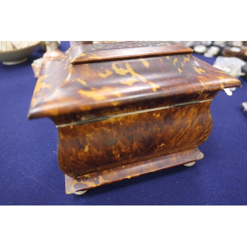 784 - Regency tortoiseshell and mother of pearl inlaid tea caddy, circa 1810, sarcophagus form finely work... 