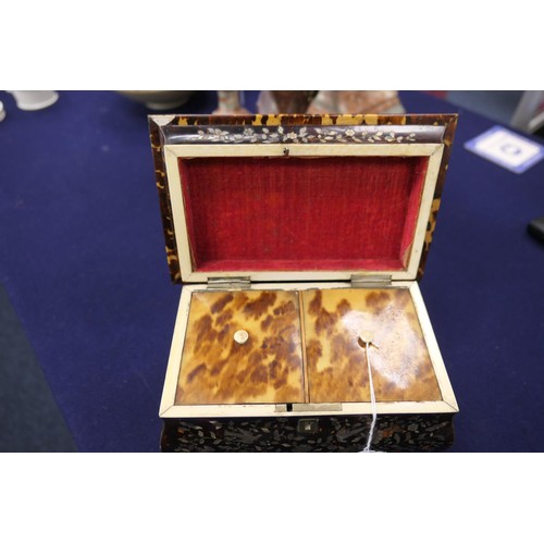 784 - Regency tortoiseshell and mother of pearl inlaid tea caddy, circa 1810, sarcophagus form finely work... 