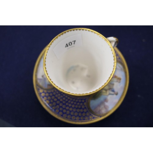 407 - Sevres trembleuse cup and saucer, decorated with panels of figures at a quayside in colours against ... 