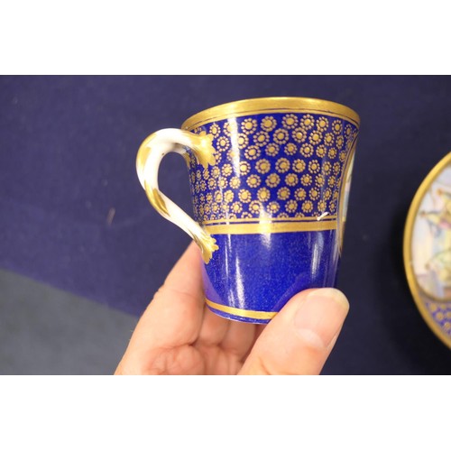 407 - Sevres trembleuse cup and saucer, decorated with panels of figures at a quayside in colours against ... 