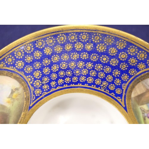 407 - Sevres trembleuse cup and saucer, decorated with panels of figures at a quayside in colours against ... 