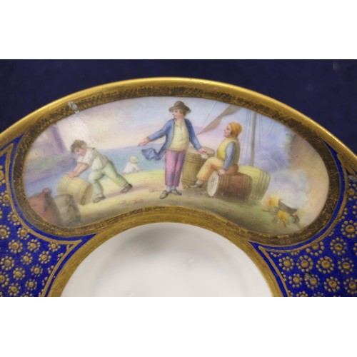 407 - Sevres trembleuse cup and saucer, decorated with panels of figures at a quayside in colours against ... 