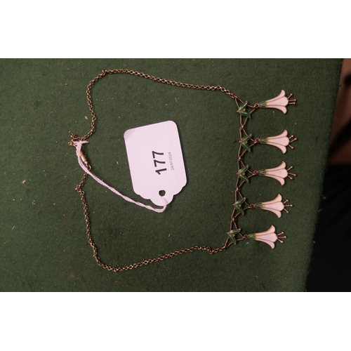 177 - Scandinavian enamelled snowdrop fringe necklace, in silver gilt, having five green and pearlescent e... 