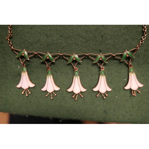 177 - Scandinavian enamelled snowdrop fringe necklace, in silver gilt, having five green and pearlescent e... 