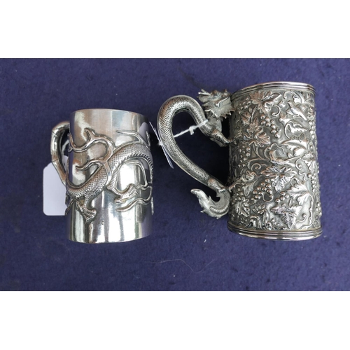 516 - Chinese silver (90 std) tankard, by Wang Hing, late 19th Century, tapered cylinder form with a drago... 