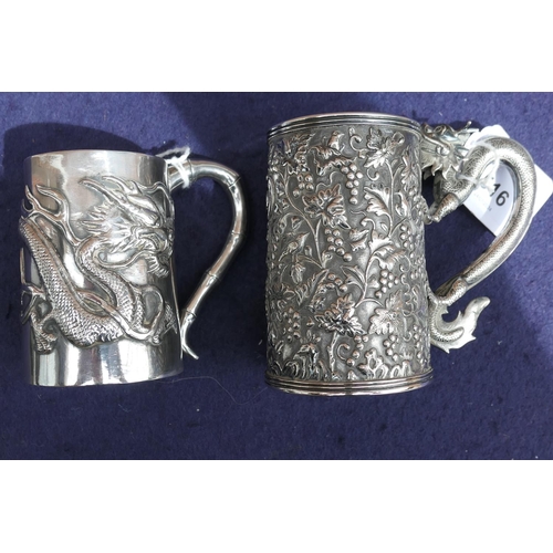 516 - Chinese silver (90 std) tankard, by Wang Hing, late 19th Century, tapered cylinder form with a drago... 