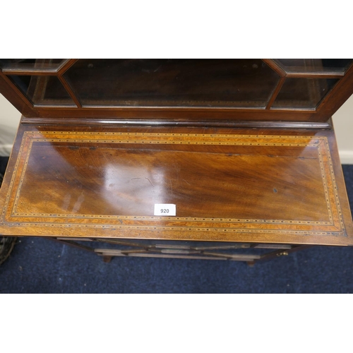 920 - Edwardian mahogany and inlaid double display cabinet in the Sheraton Revival style, having a swan ne... 