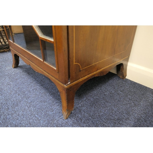 920 - Edwardian mahogany and inlaid double display cabinet in the Sheraton Revival style, having a swan ne... 