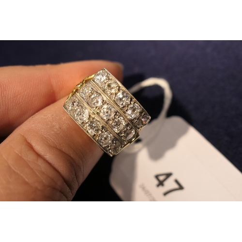 47 - Diamond cluster ring, set with fifteen old cushion cut diamonds in three rows in white millegrain se... 