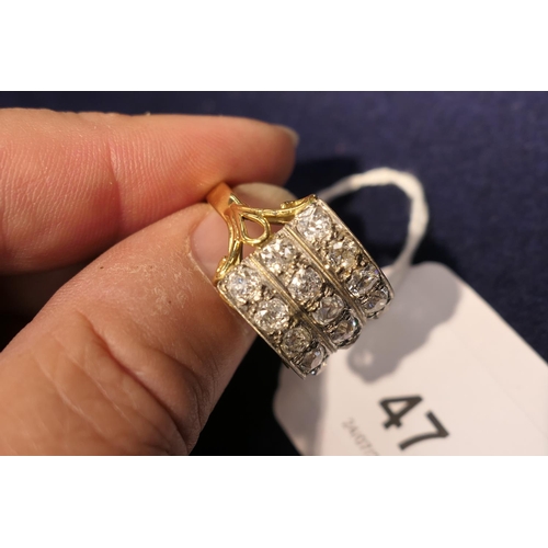 47 - Diamond cluster ring, set with fifteen old cushion cut diamonds in three rows in white millegrain se... 