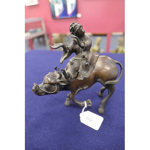 802 - Chinese bronze koro, formed as a man riding a water buffalo, circa 1900, height 19cm