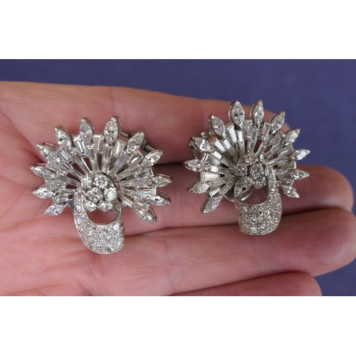 122 - Pair of Belle Epoque style diamond cluster earrings, in demi-lune fan form set with a combination of... 