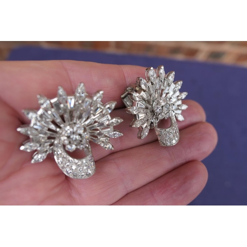 122 - Pair of Belle Epoque style diamond cluster earrings, in demi-lune fan form set with a combination of... 