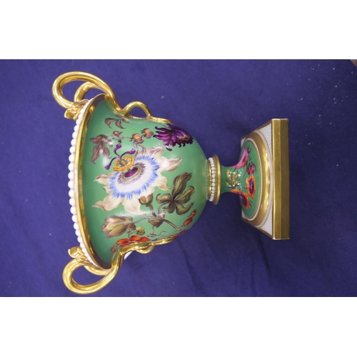 474 - Flight Barr & Barr Worcester footed urn, circa 1815-40, with double serpent moulded handles, and dec... 