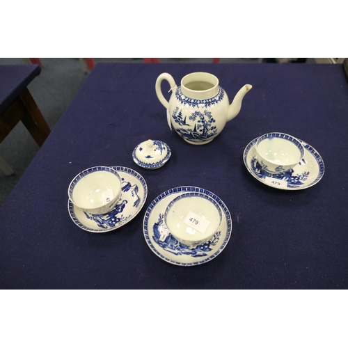 479 - Liverpool porcelain blue and white teapot and cover, by John and Jane Pennington, in the cannonball ... 