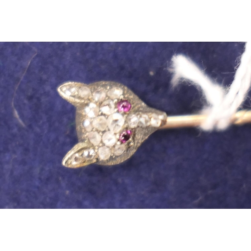 168 - Late Victorian rose diamond and ruby fox mask stock pin, set in silver and backed in yellow metal, 6... 