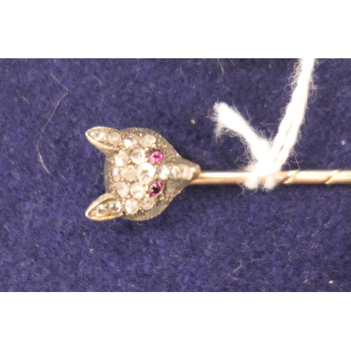 168 - Late Victorian rose diamond and ruby fox mask stock pin, set in silver and backed in yellow metal, 6... 