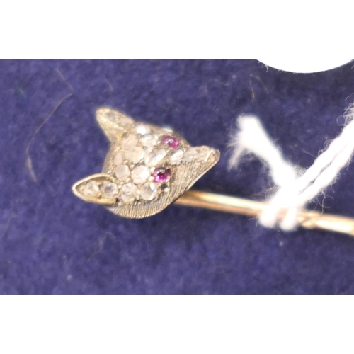 168 - Late Victorian rose diamond and ruby fox mask stock pin, set in silver and backed in yellow metal, 6... 