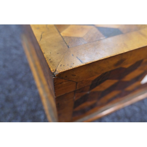 838 - Victorian specimen wood parquetry box, inlaid throughout and crossbanded with walnut, opening to a v... 