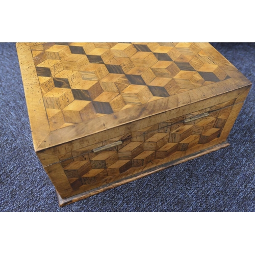 838 - Victorian specimen wood parquetry box, inlaid throughout and crossbanded with walnut, opening to a v... 