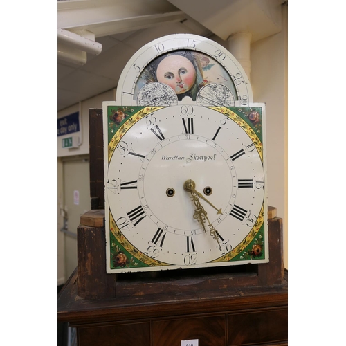 910 - Mahogany eight day longcase clock, by Wardlan, Liverpool, early 19th Century, the hood with faux ver... 