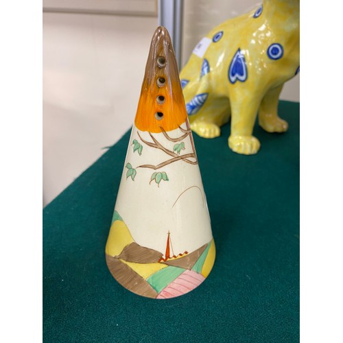 364 - Clarice Cliff Wilkinson sugar sifter in the Spire pattern, printed marks, height 14cm