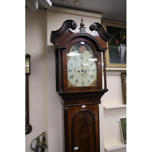 911 - Mahogany eight day longcase clock, early 19th Century, the hood with swan neck pediment, centred wit... 