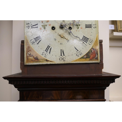 911 - Mahogany eight day longcase clock, early 19th Century, the hood with swan neck pediment, centred wit... 