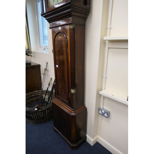 911 - Mahogany eight day longcase clock, early 19th Century, the hood with swan neck pediment, centred wit... 